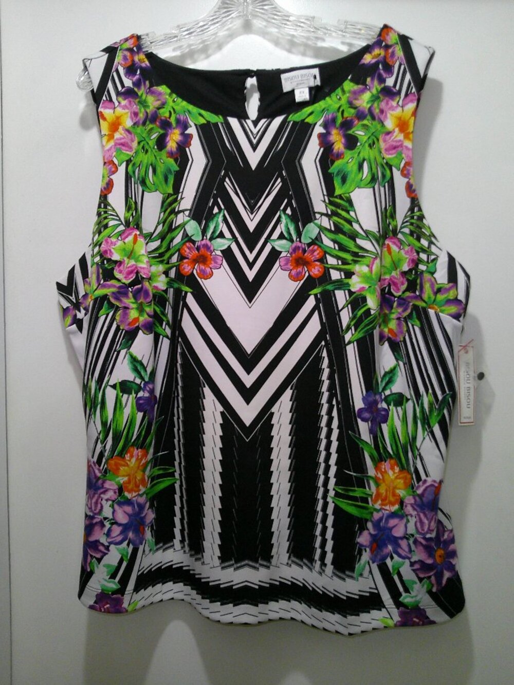 NWT Bisou Bisou Black & White with Multicolor Tropical Floral Tank Top - Size 2X